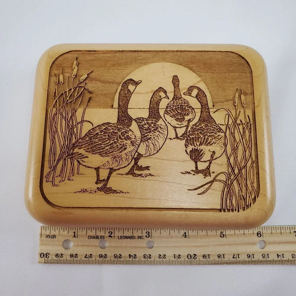 VTG Laz-Art Laser Etched Handcrafted Wood Lidded Jewelry Box Trinket Geese